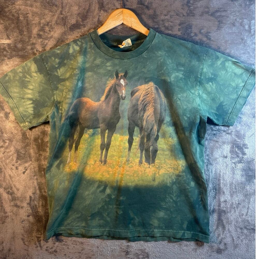 VTG 90s/Y2K The Mountain “2 Horses” Canvas Tagged Tie-Dye T Shirt Men’s L Green